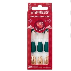 KISS imPRESS Press On Nails, ‘The Gift’, Green/Gold, Medium Coffin, 30 Count